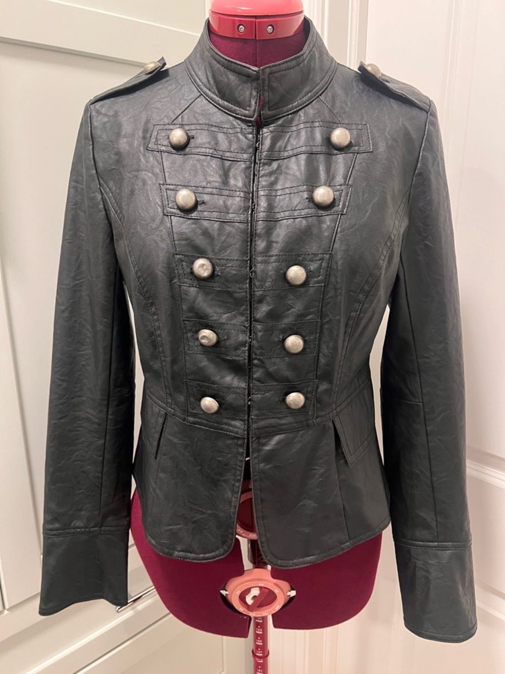 FOREVER 21 Double Breasted Military Button Faux Leather Jacket Blazer Medium